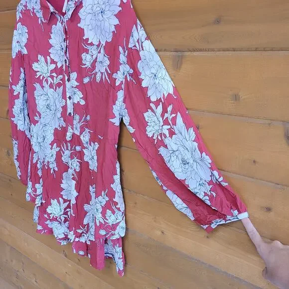 Free People Dress Shake It Mini XS Red Floral Cottagecore Boho Flowy Shirtdress - Picture 4 of 5